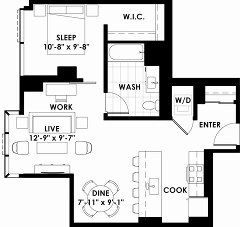 Floor plan for 1 bed, 1 bath, 704 sqft